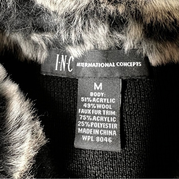 I.N.C. Faux Fur Animal Print Trim Black Button Sweater Coat Women's Size M - Picture 13 of 13
